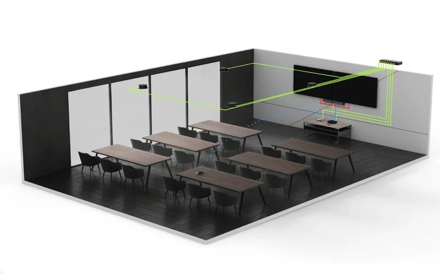Diagram showing camera field-of-view coverage planning for a meeting room during a Capstar room assessment
